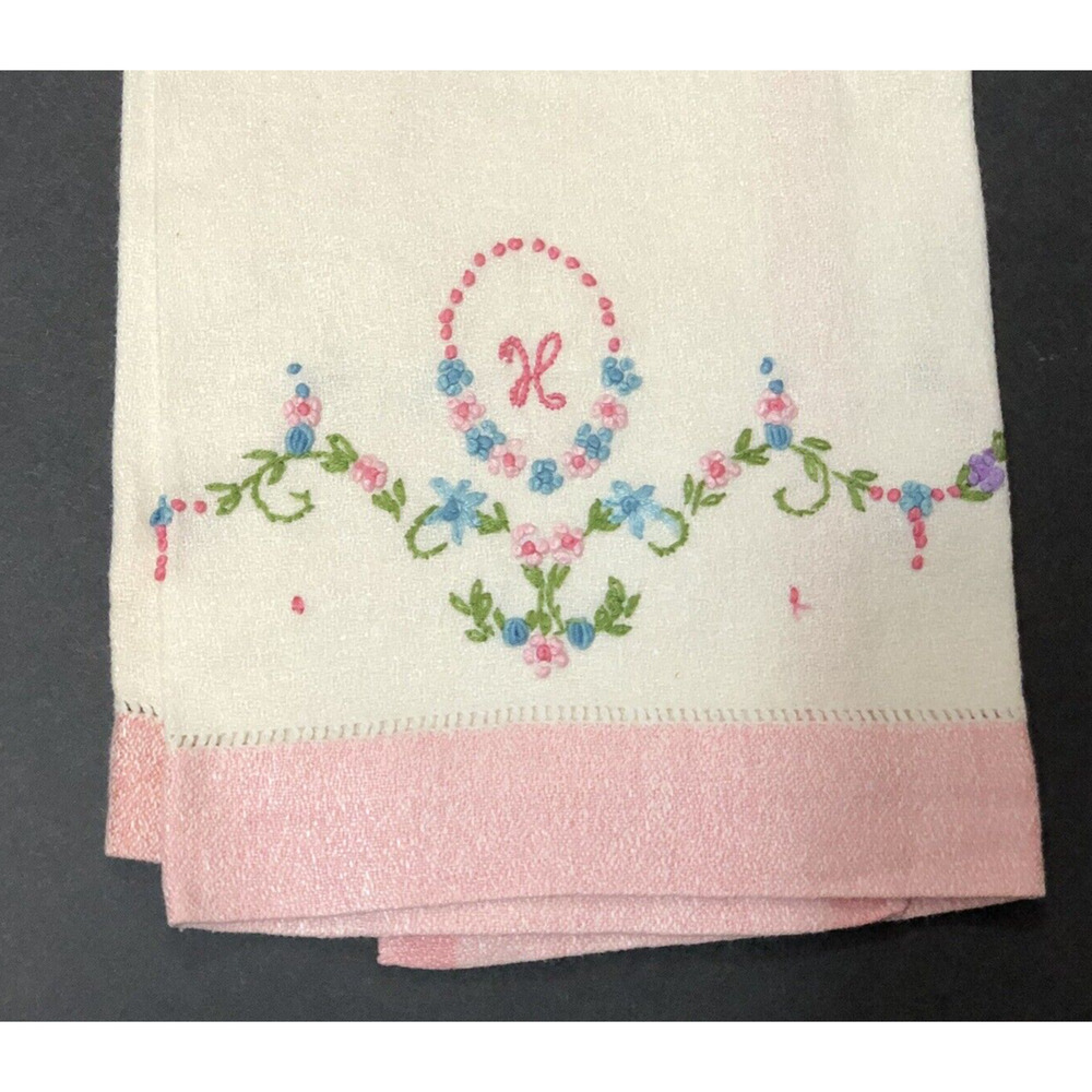 Vintage Tea Towel Set Monogram H K X Embroidered Tiny Flowers Pink Blue - Picture 3 of 16